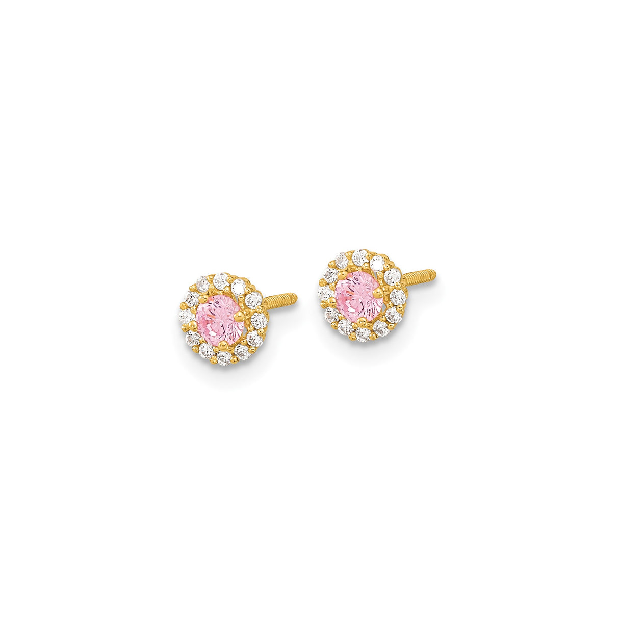 14k Yellow Gold Stud Earrings with Pink Cubic Zirconia Center and Halo Floral Design