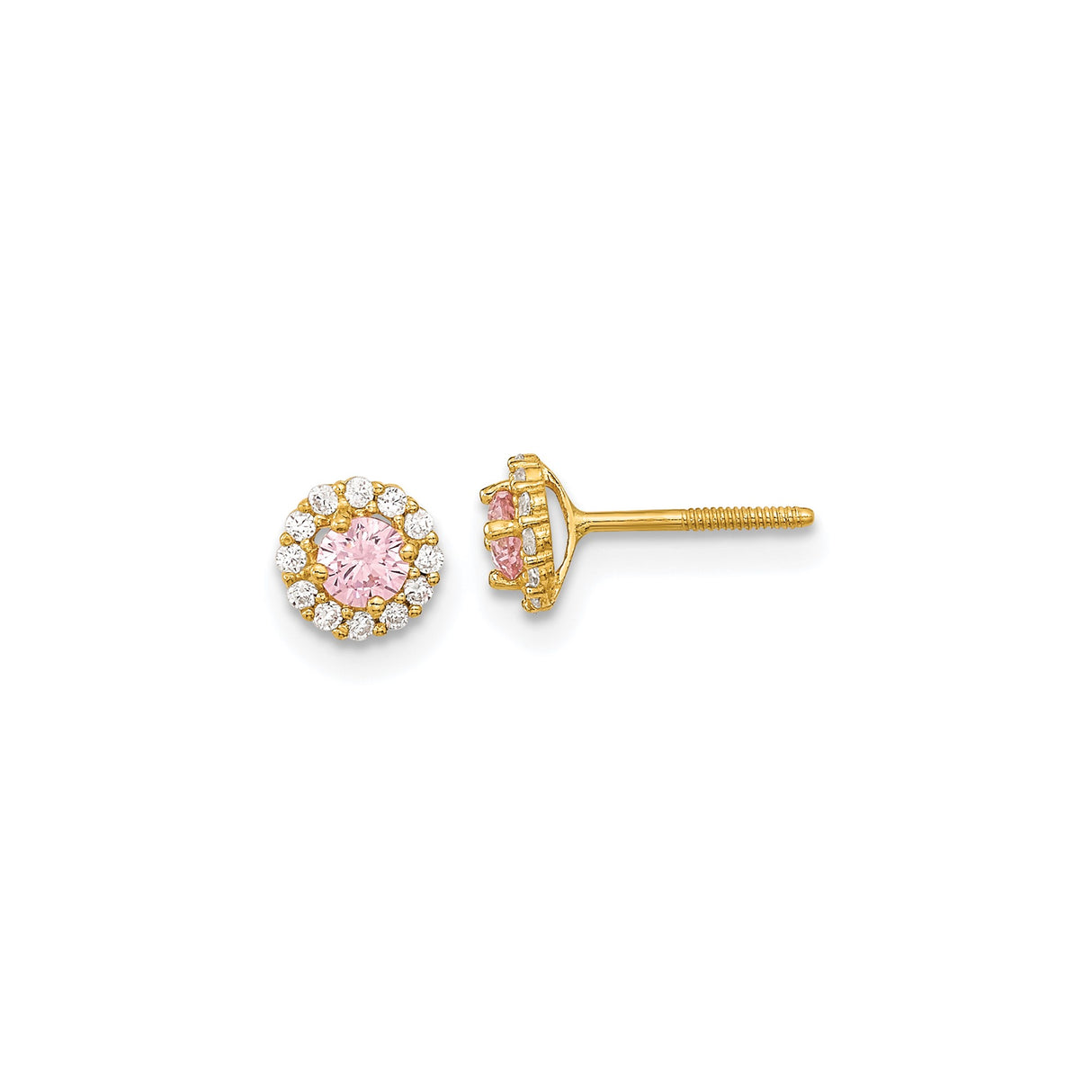 14k Yellow Gold Stud Earrings with Pink Cubic Zirconia Center and Halo Floral Design