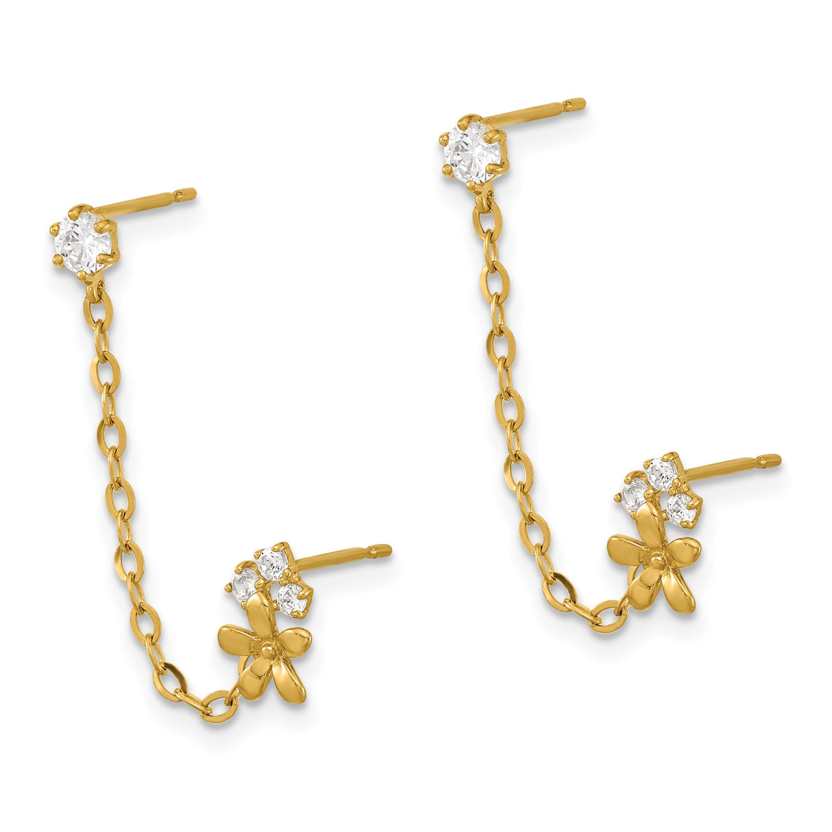 14k Yellow Gold Dangle Earrings with Cubic Zirconia, Floral Chain Design for Women
