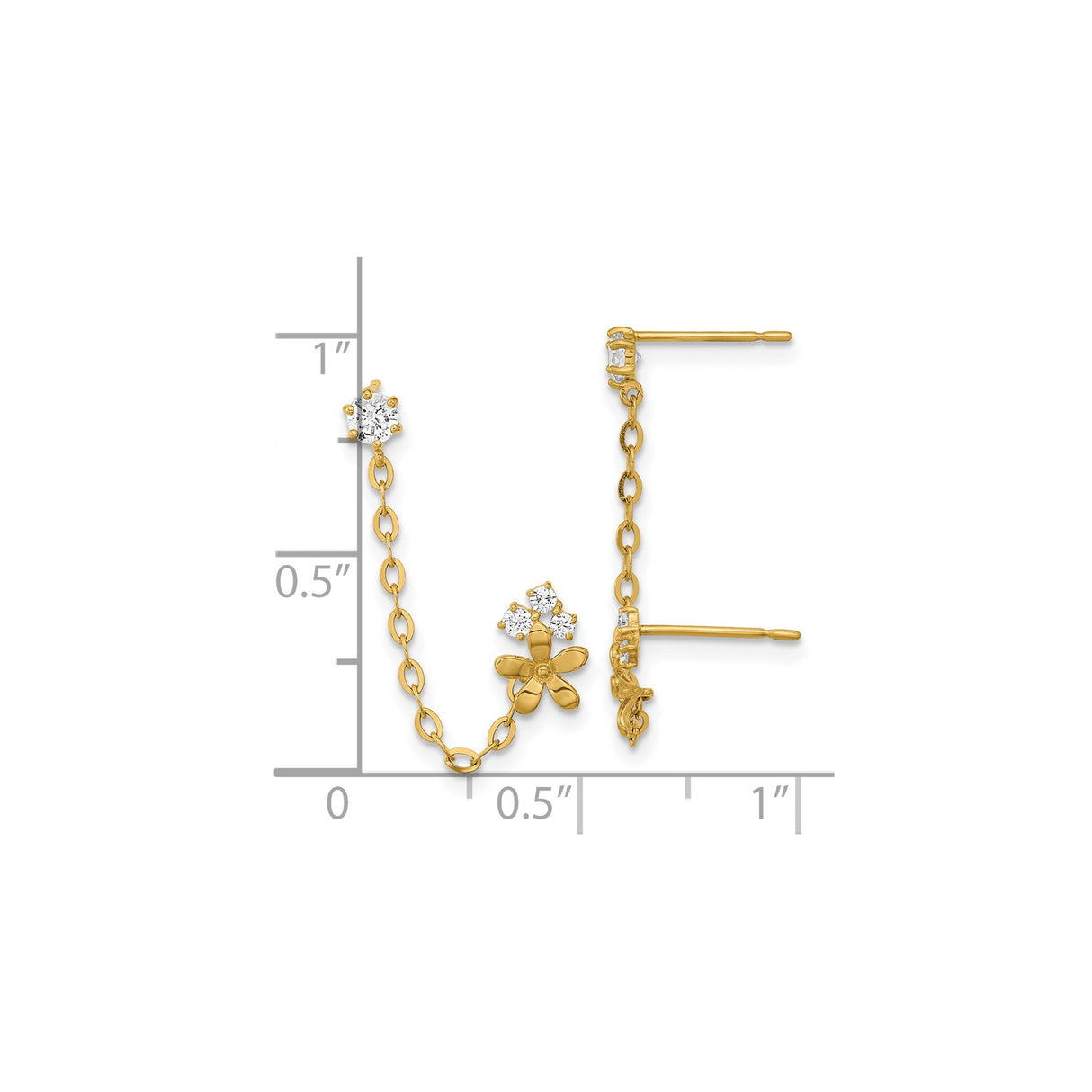 14k Yellow Gold Dangle Earrings with Cubic Zirconia, Floral Chain Design for Women