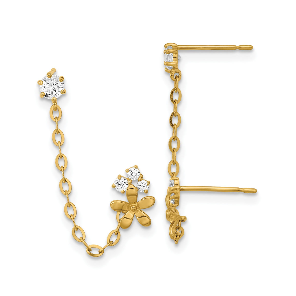 14k Yellow Gold Dangle Earrings with Cubic Zirconia, Floral Chain Design for Women