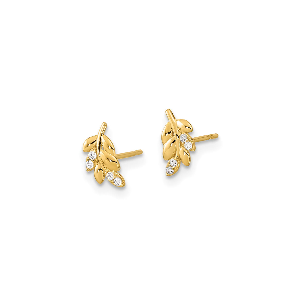 14k Yellow Gold Stud Earrings with Cubic Zirconia, Leaf Design, Botanical Style