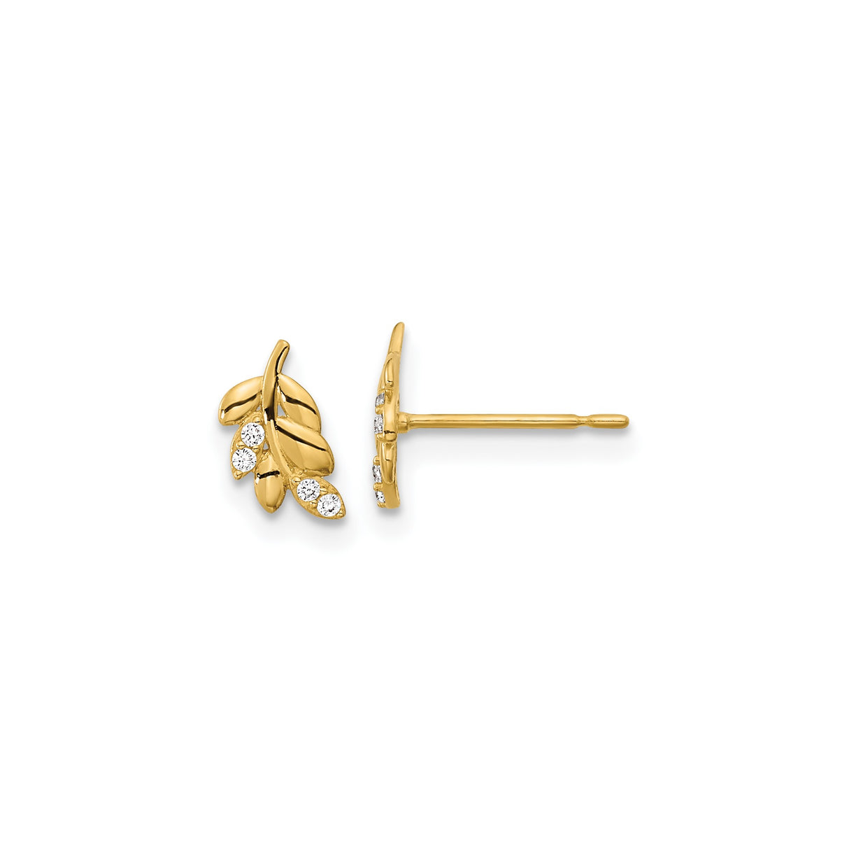 14k Yellow Gold Stud Earrings with Cubic Zirconia, Leaf Design, Botanical Style