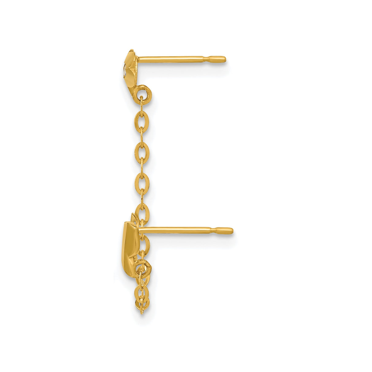 14k Yellow Gold Double Stud Earrings with Cubic Zirconia, Butterfly and Flower Design, Chain Link Style