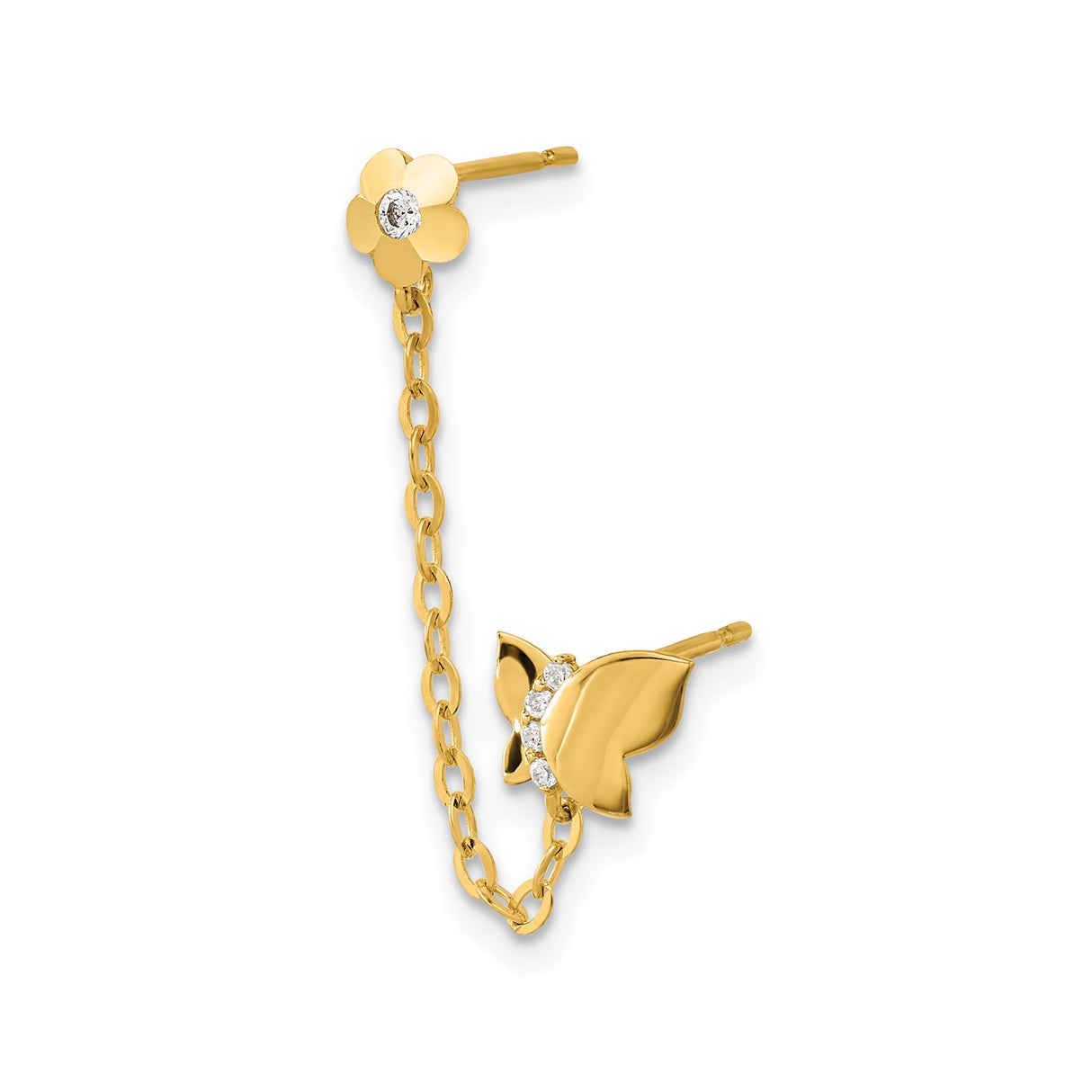 14k Yellow Gold Double Stud Earrings with Cubic Zirconia, Butterfly and Flower Design, Chain Link Style