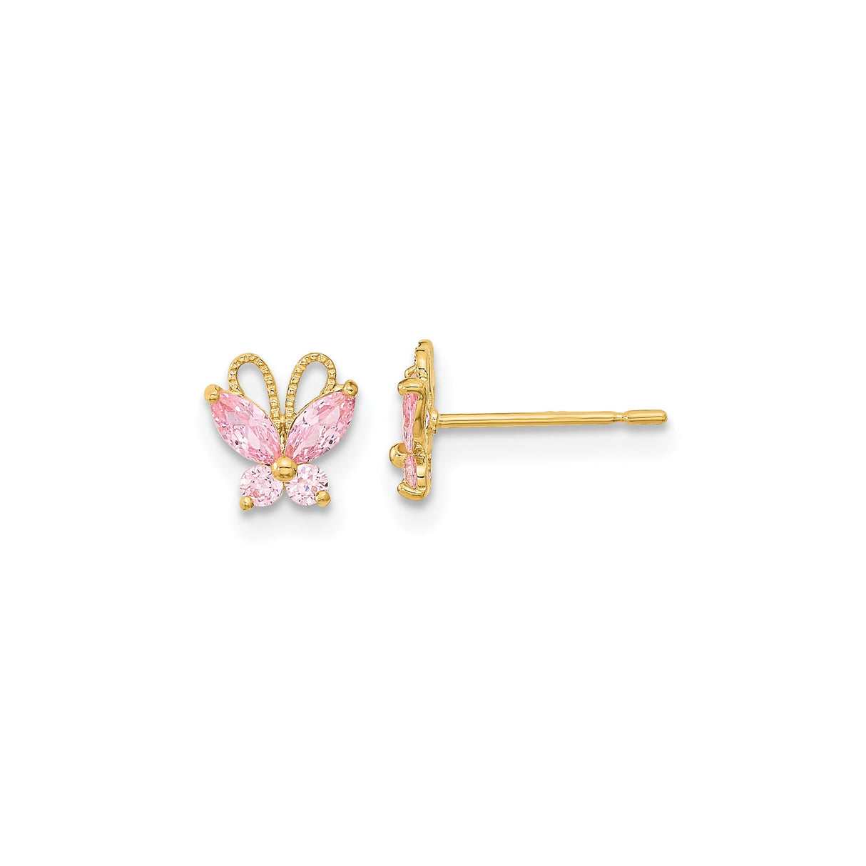 14k Yellow Gold Butterfly Stud Earrings with Pink Cubic Zirconia, Dainty Nature-Inspired Jewelry