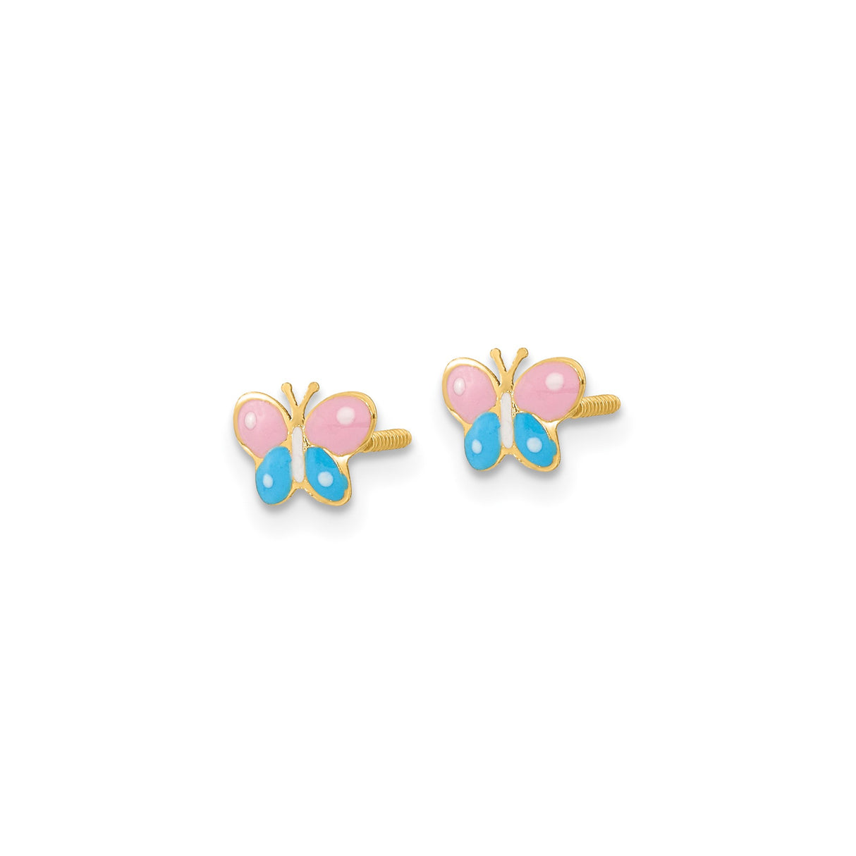 14k Yellow Gold Butterfly Stud Earrings with Pink and Blue Enamel, Screw Back, Toddler Jewelry