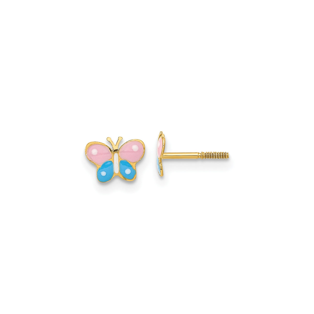 14k Yellow Gold Butterfly Stud Earrings with Pink and Blue Enamel, Screw Back, Toddler Jewelry