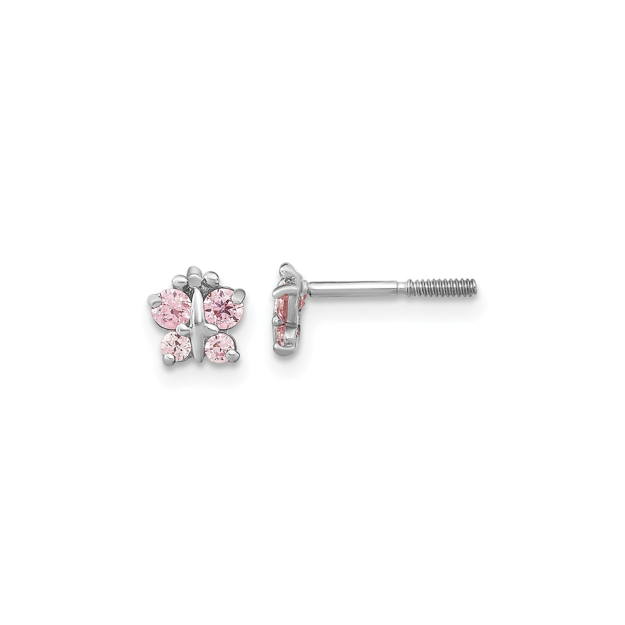 14k White Gold Butterfly Stud Earrings with Cubic Zirconia, Screw Back for Women or Girls