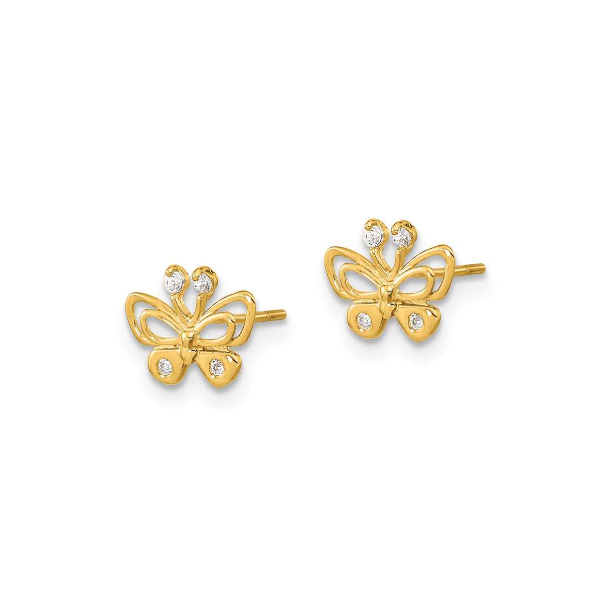 14k Yellow Gold Butterfly Stud Earrings with Cubic Zirconia, Openwork Design, Nature Inspired