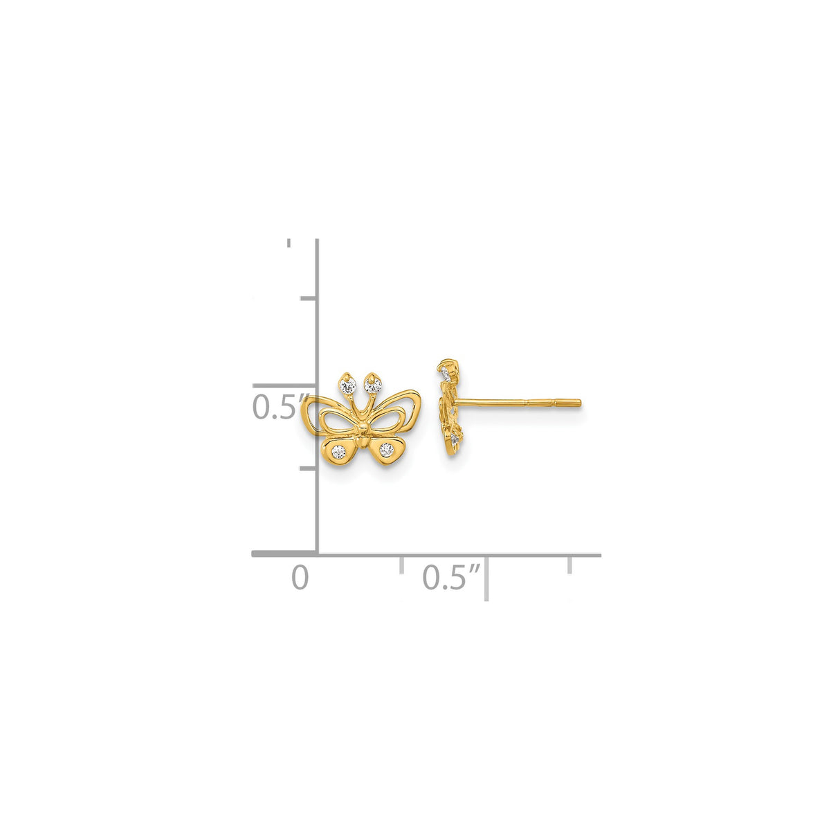 14k Yellow Gold Butterfly Stud Earrings with Cubic Zirconia, Openwork Design, Nature Inspired