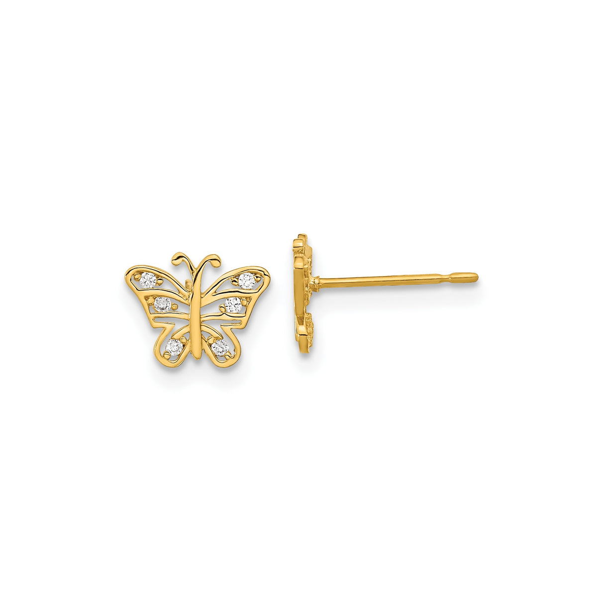 14k Yellow Gold Butterfly Stud Earrings with Cubic Zirconia Openwork Wings