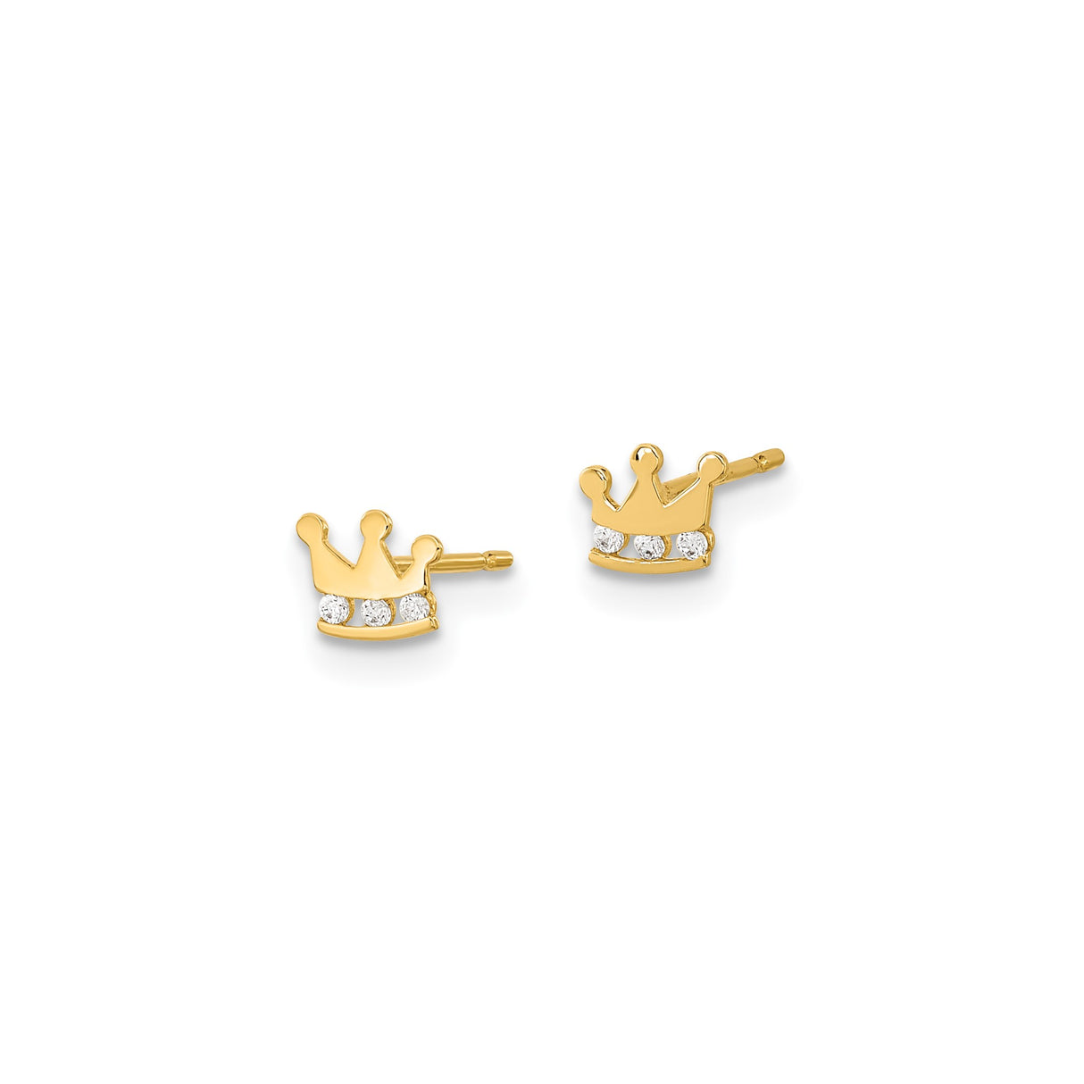 14k Yellow Gold Crown Stud Earrings with Cubic Zirconia, Royal Design Jewelry for Women and Girls