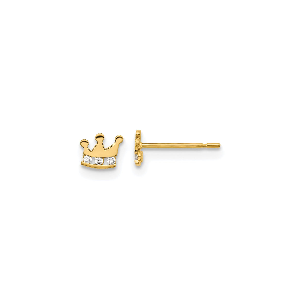 14k Yellow Gold Crown Stud Earrings with Cubic Zirconia, Royal Design Jewelry for Women and Girls