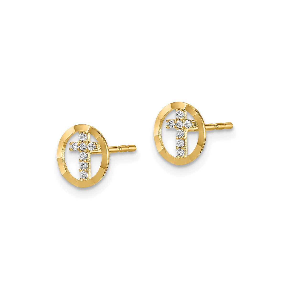 14k Yellow Gold Cross Stud Earrings with Cubic Zirconia, Faith Inspired Religious Design
