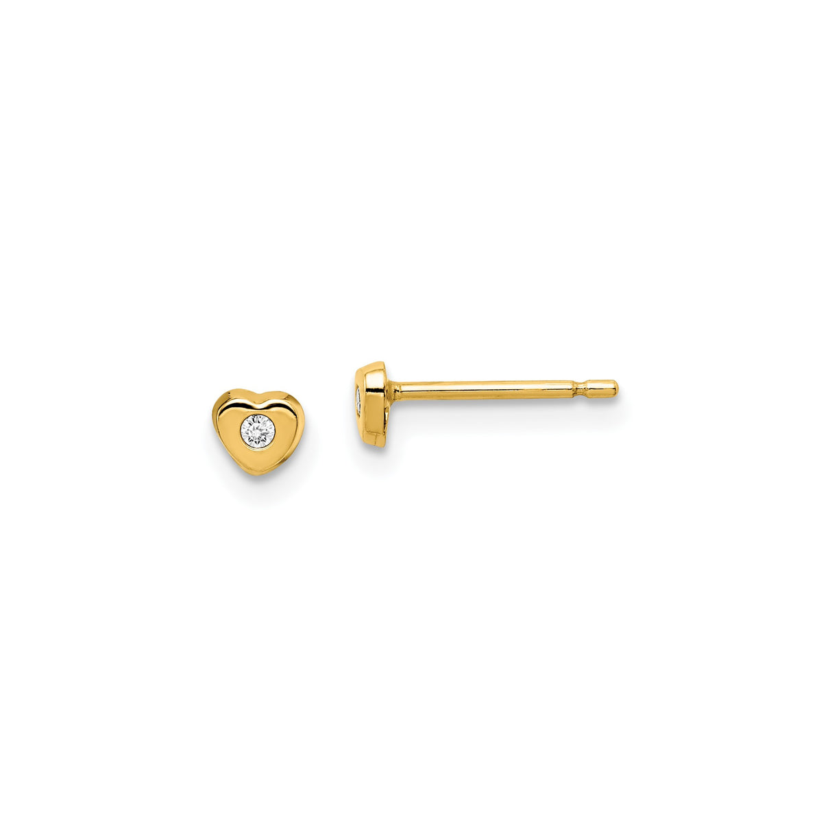 14k Yellow Gold Heart Stud Earrings with Bezel Set Diamond Accent, Minimalist Design for Women
