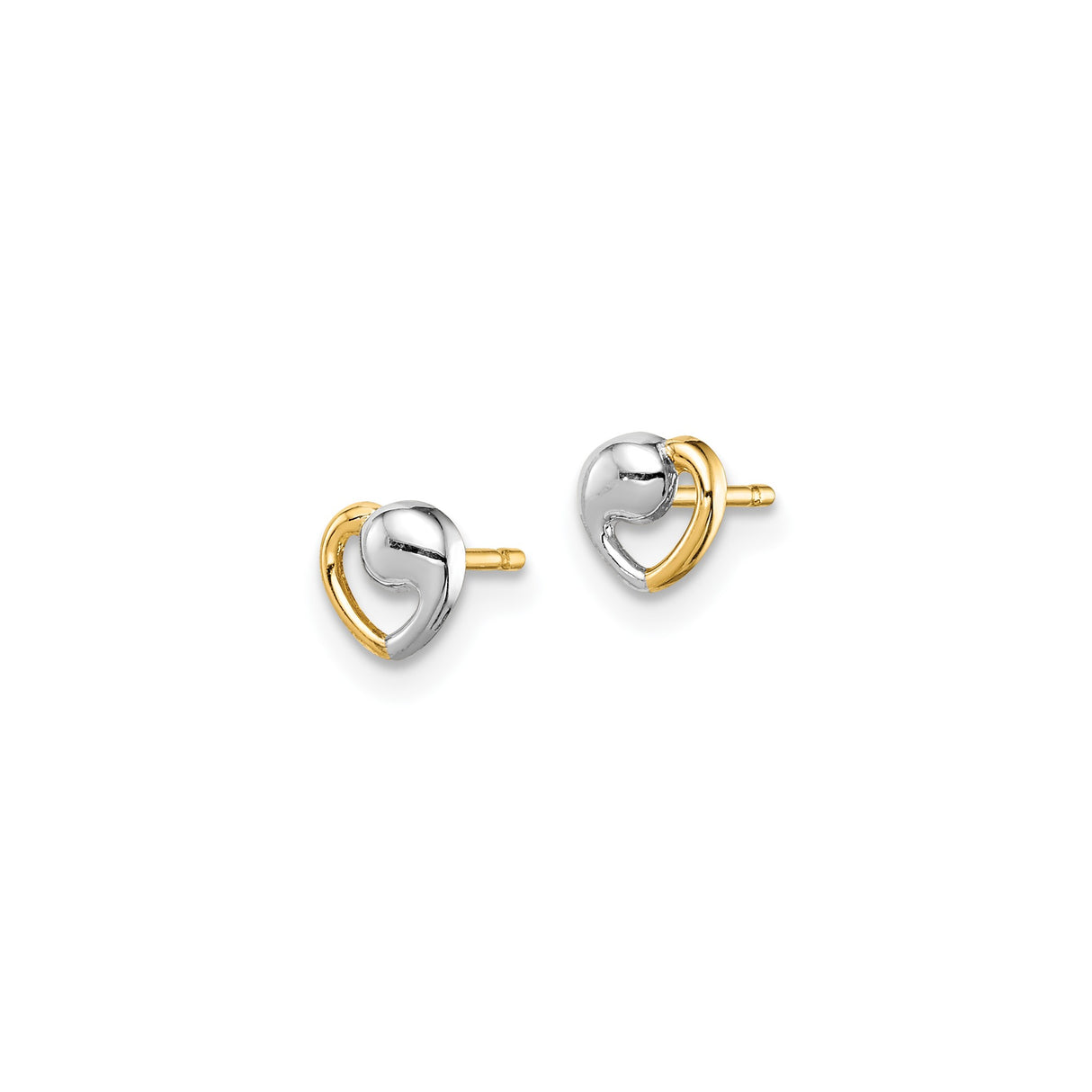 14k Yellow Gold Heart Stud Earrings with Open Swirl Design, Two-Tone Rhodium Accent