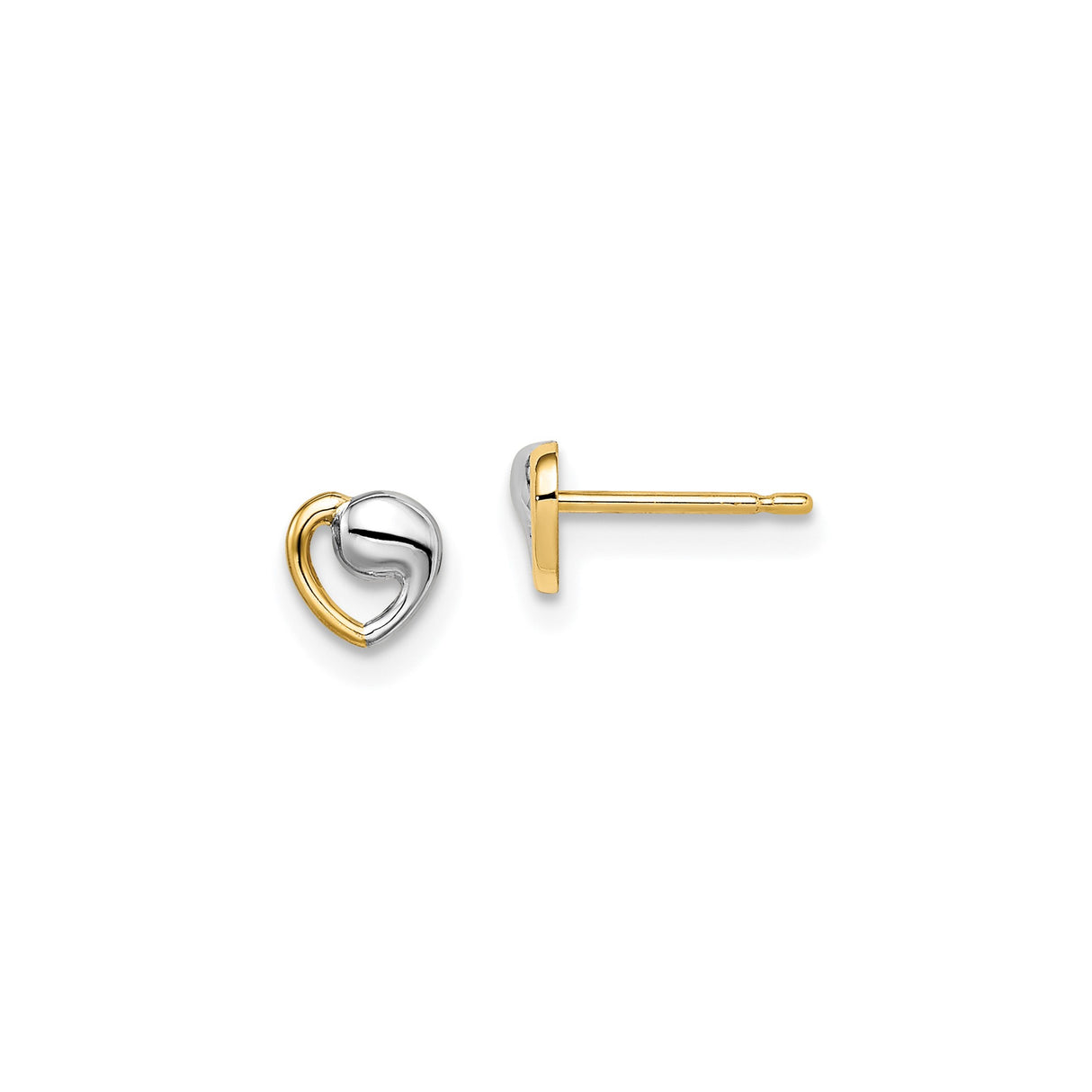 14k Yellow Gold Heart Stud Earrings with Open Swirl Design, Two-Tone Rhodium Accent