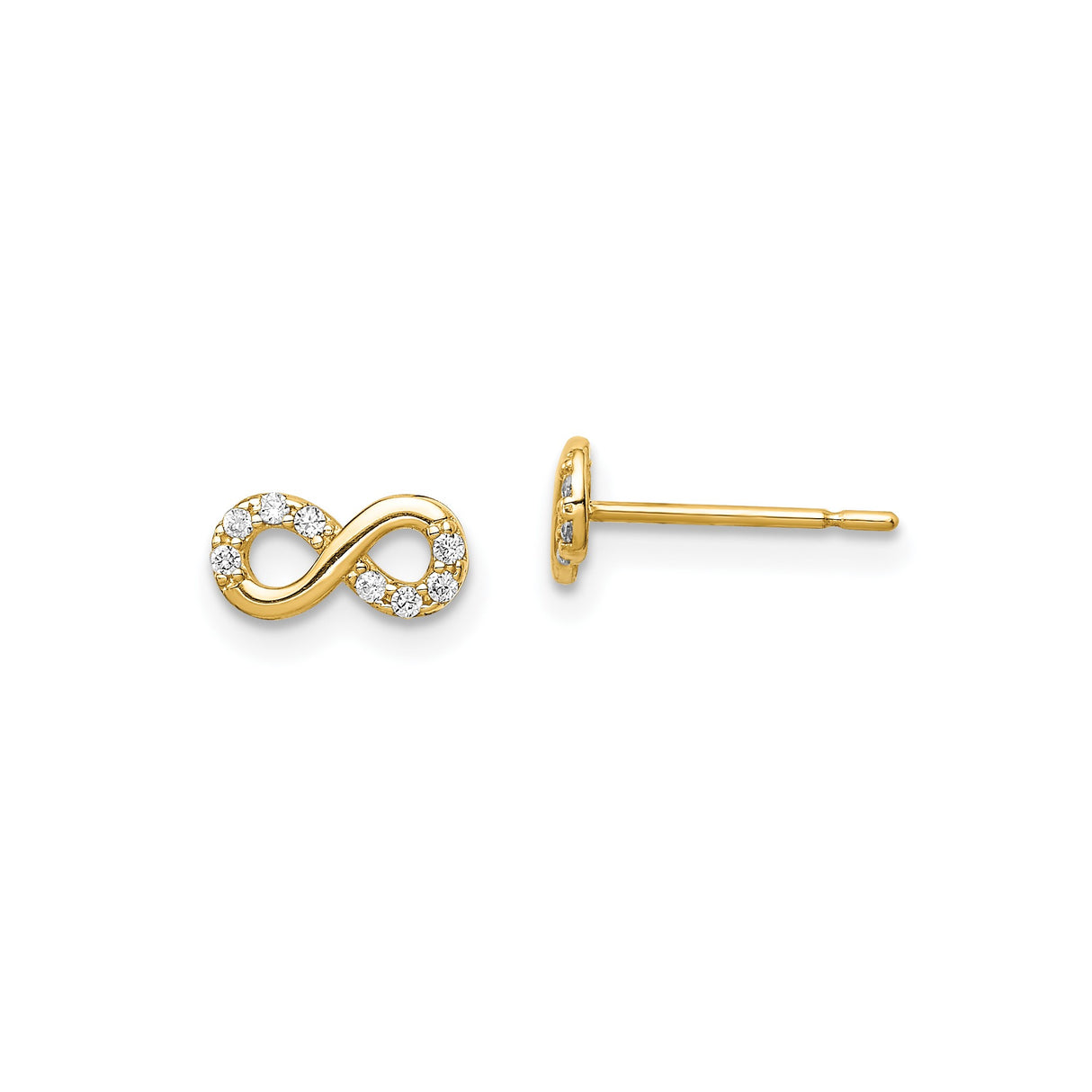 14k Yellow Gold Stud Earrings with Diamond Accents, Infinity Design, Minimalist Romantic Style