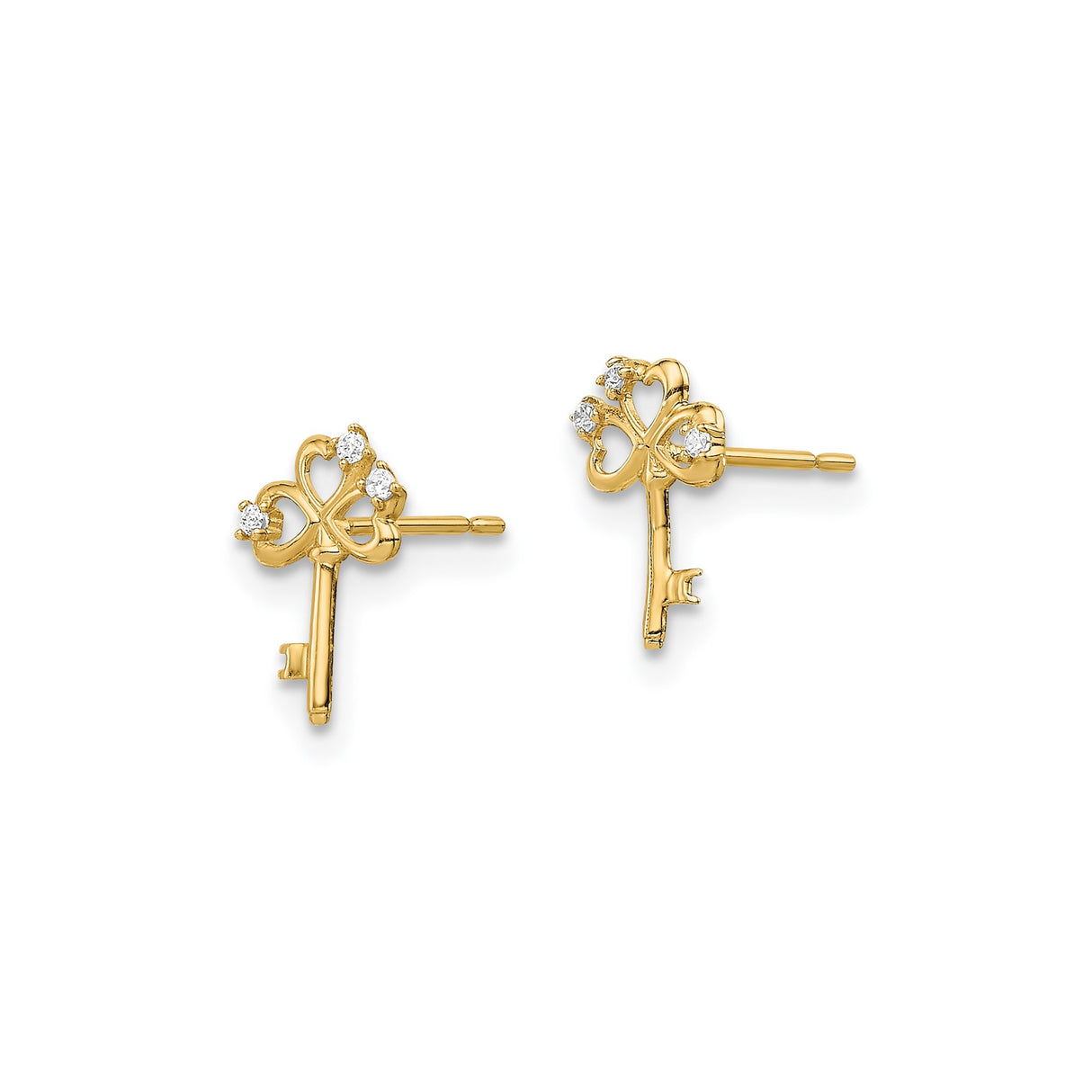 14k Yellow Gold Stud Earrings with Key, Heart, and Clover Design with Cubic Zirconia Accents
