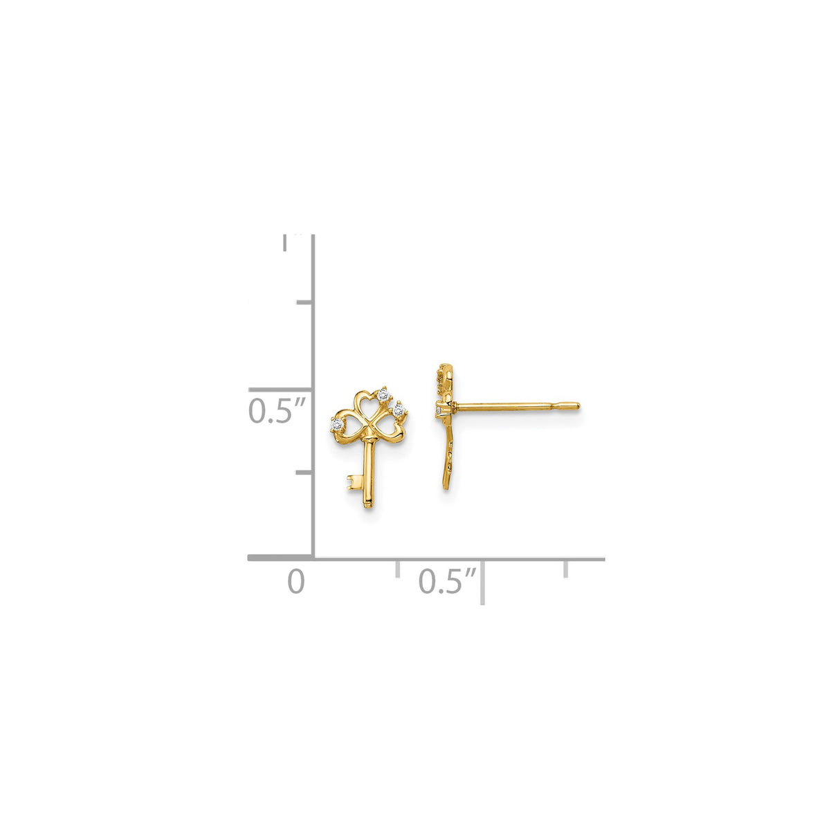 14k Yellow Gold Stud Earrings with Key, Heart, and Clover Design with Cubic Zirconia Accents