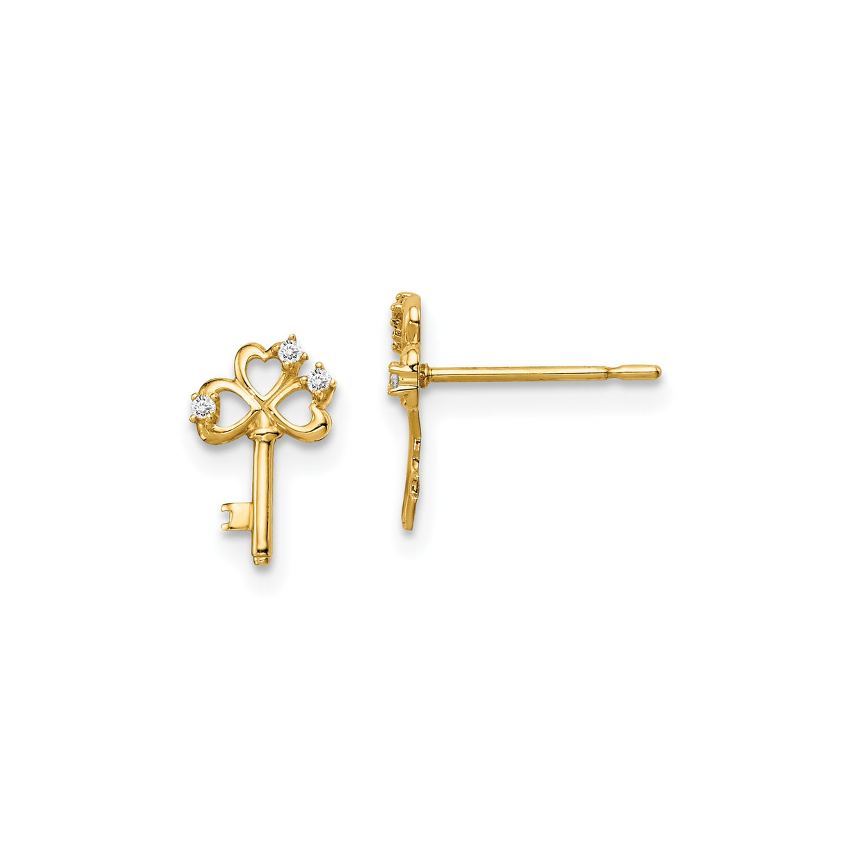 14k Yellow Gold Stud Earrings with Key, Heart, and Clover Design with Cubic Zirconia Accents