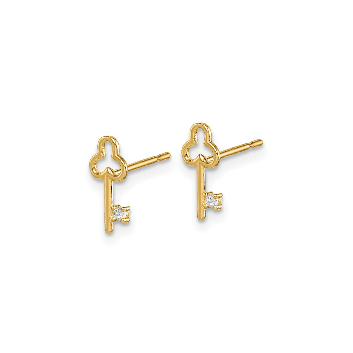 14k Yellow Gold Key Stud Earrings with Clover Top and Diamond Accent for Women