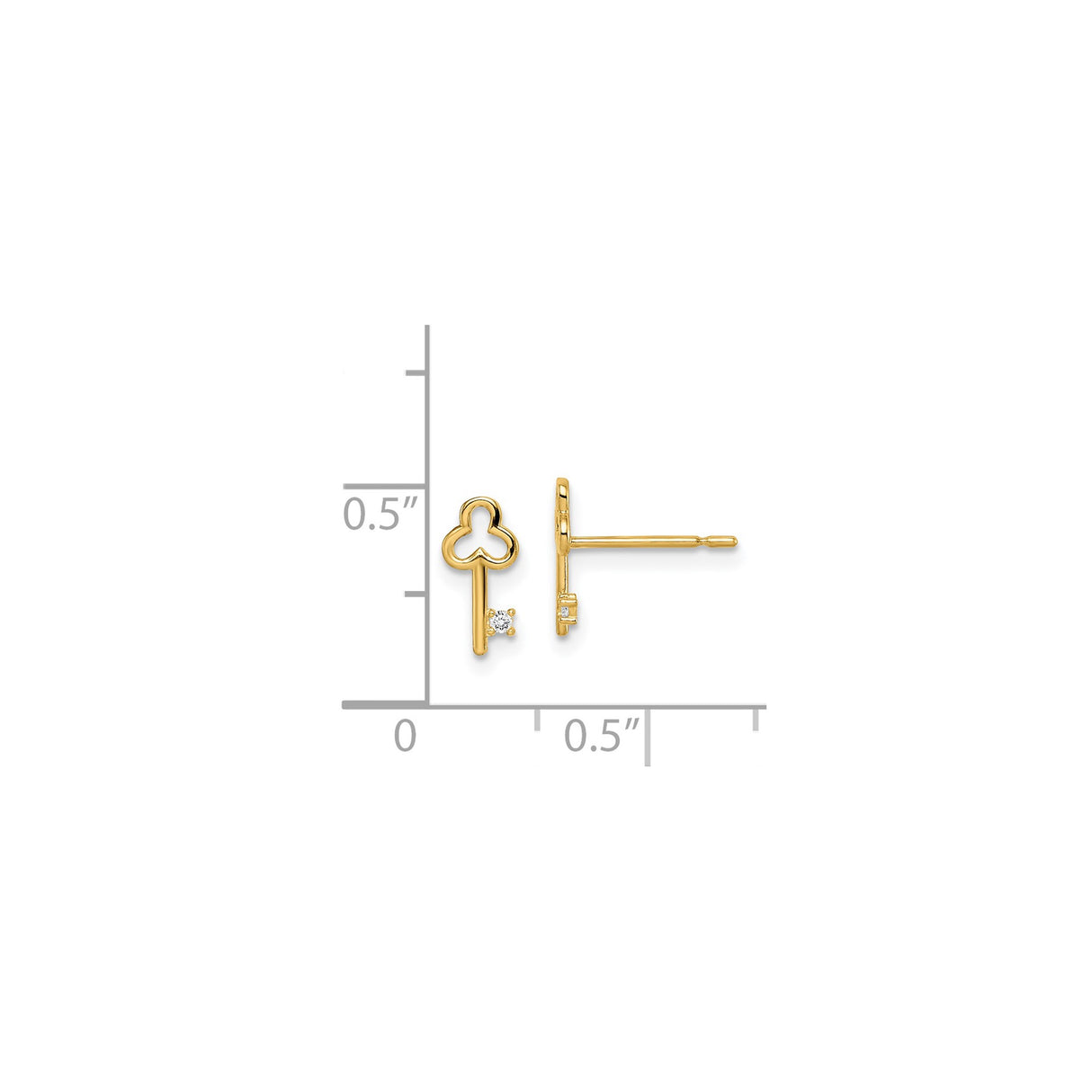 14k Yellow Gold Key Stud Earrings with Clover Top and Diamond Accent for Women