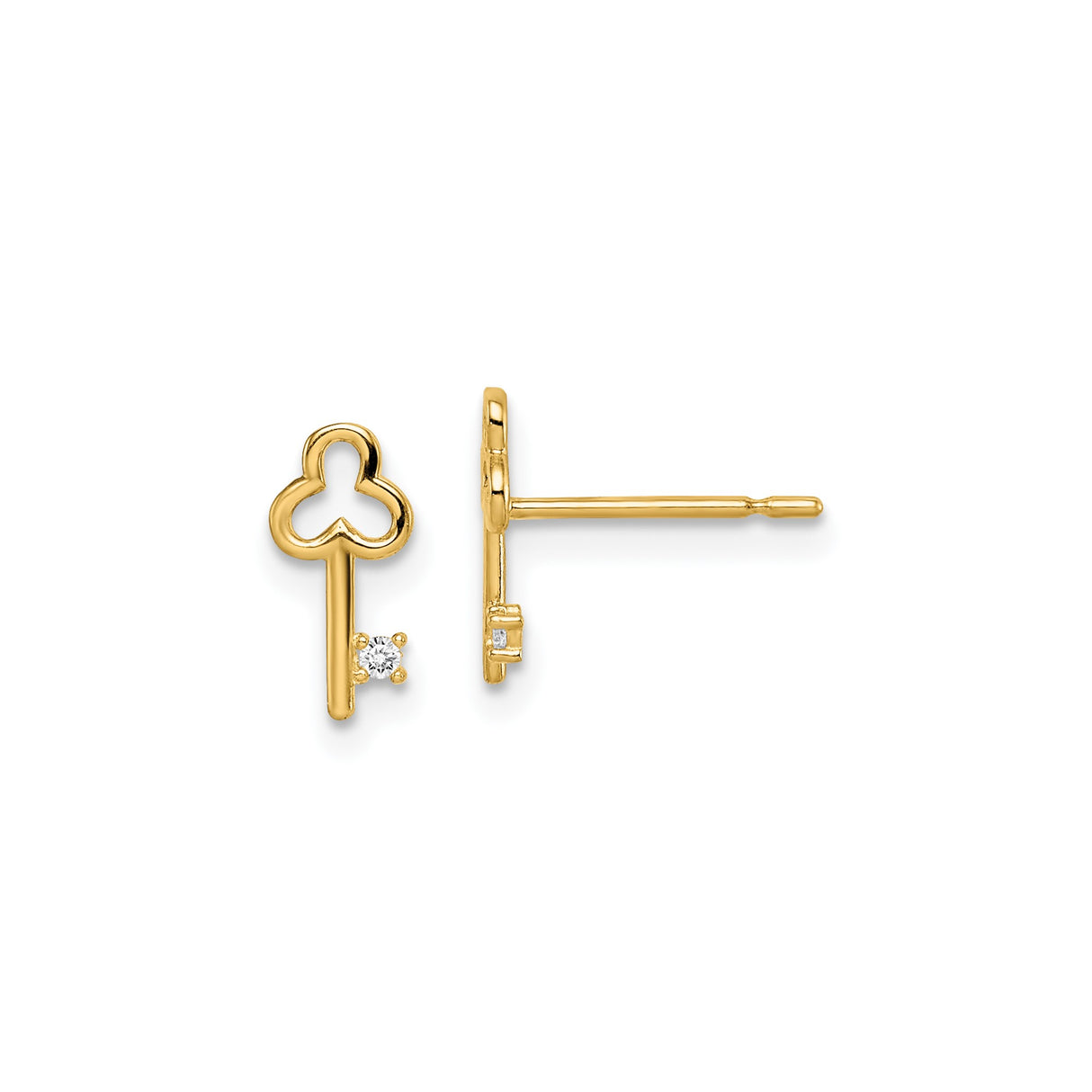 14k Yellow Gold Key Stud Earrings with Clover Top and Diamond Accent for Women