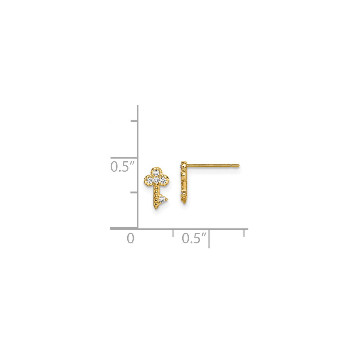 14k Yellow Gold Stud Earrings with Diamond Accents, Key Cross Design, Christian Jewelry