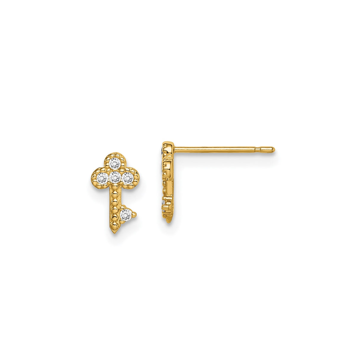 14k Yellow Gold Stud Earrings with Diamond Accents, Key Cross Design, Christian Jewelry