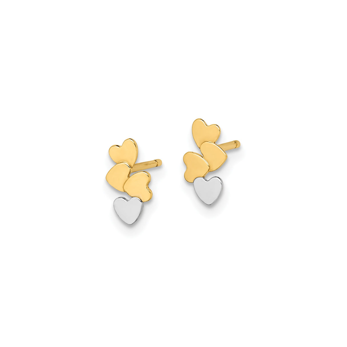 14k Yellow Gold Triple Heart Stud Earrings, Two-Tone Stacked Heart Design for Women