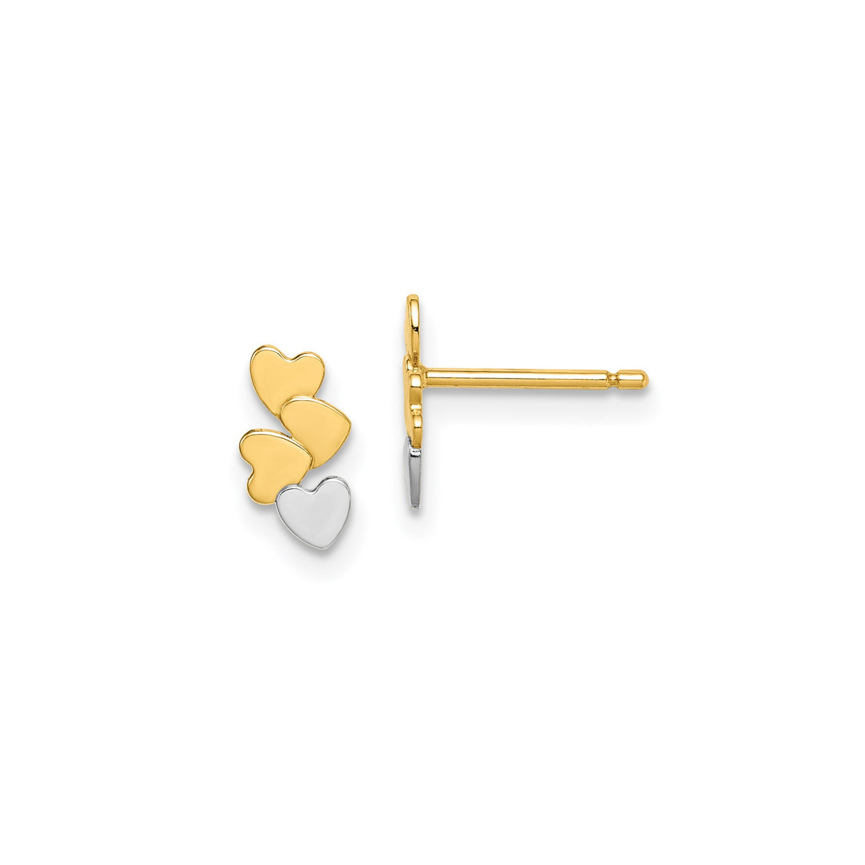 14k Yellow Gold Triple Heart Stud Earrings, Two-Tone Stacked Heart Design for Women