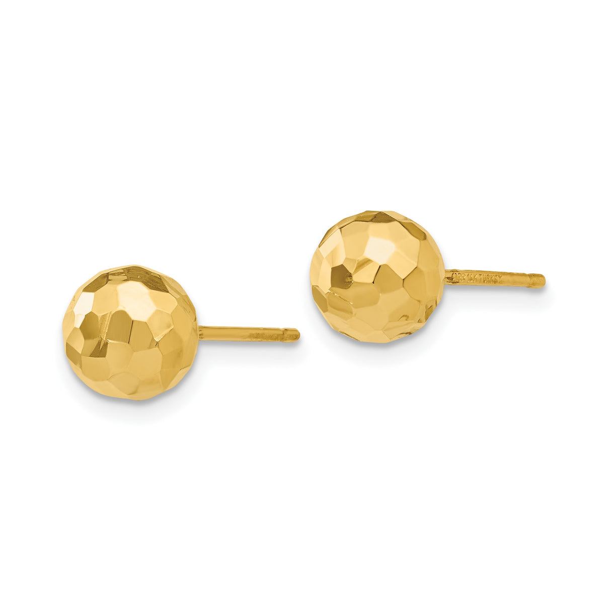 14k Yellow Gold Stud Earrings, Hammered Ball Design with Faceted Dome Texture for Women