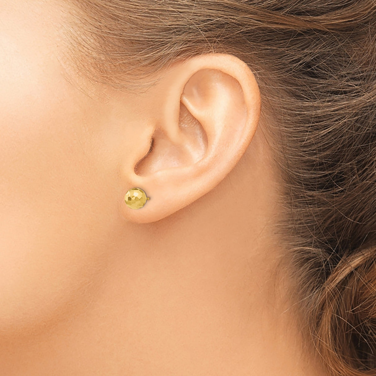 14k Yellow Gold Stud Earrings, Hammered Ball Design with Faceted Dome Texture for Women