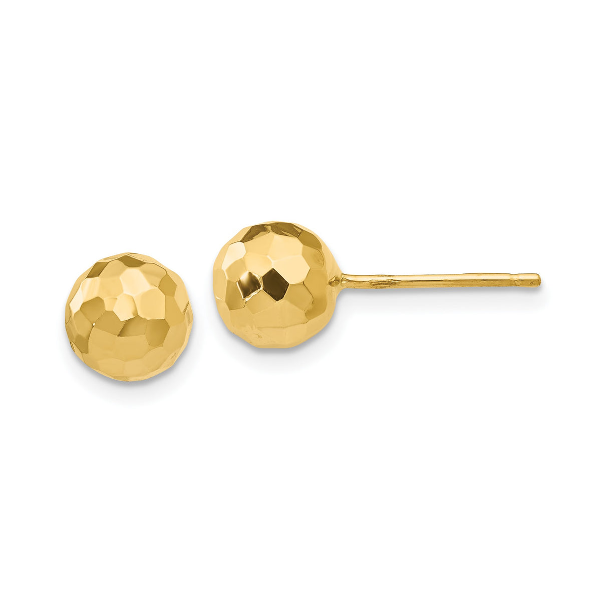 14k Yellow Gold Stud Earrings, Hammered Ball Design with Faceted Dome Texture for Women
