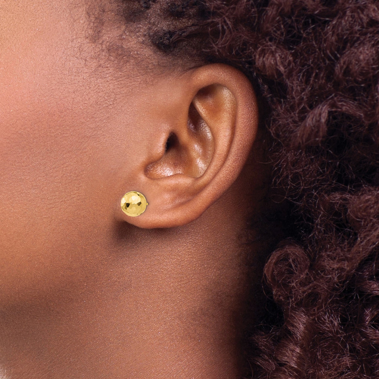 14k Yellow Gold Stud Earrings, Hammered Ball with Polished Faceted Surface, Minimalist Design