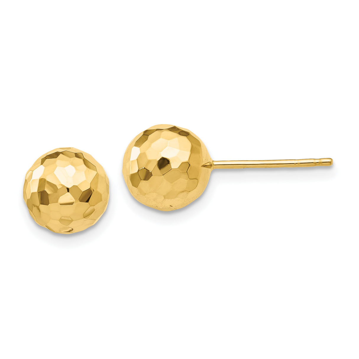 14k Yellow Gold Stud Earrings, Hammered Ball with Polished Faceted Surface, Minimalist Design