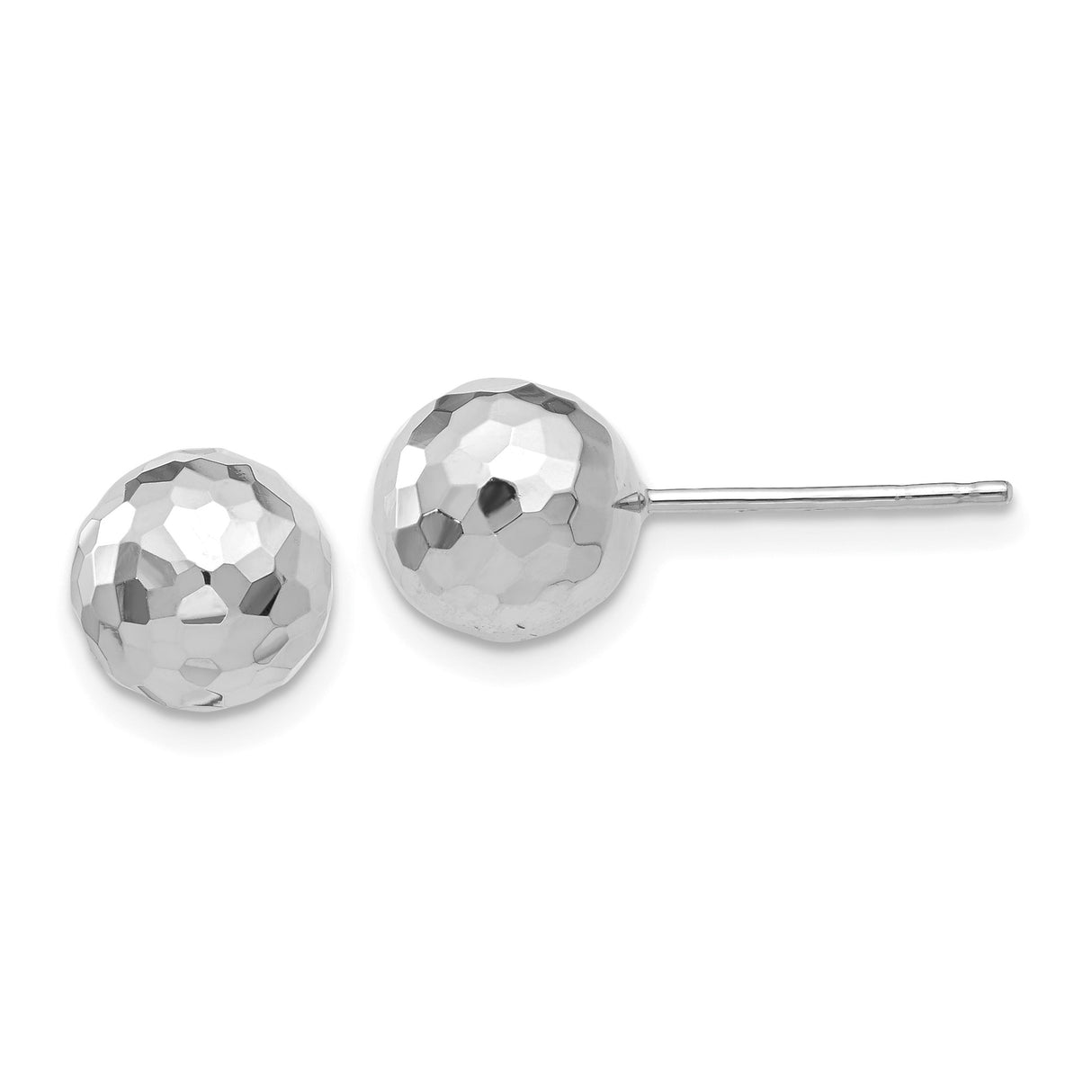 14k White Gold Hammered Ball Stud Earrings with Faceted Finish, Minimalist Modern Style