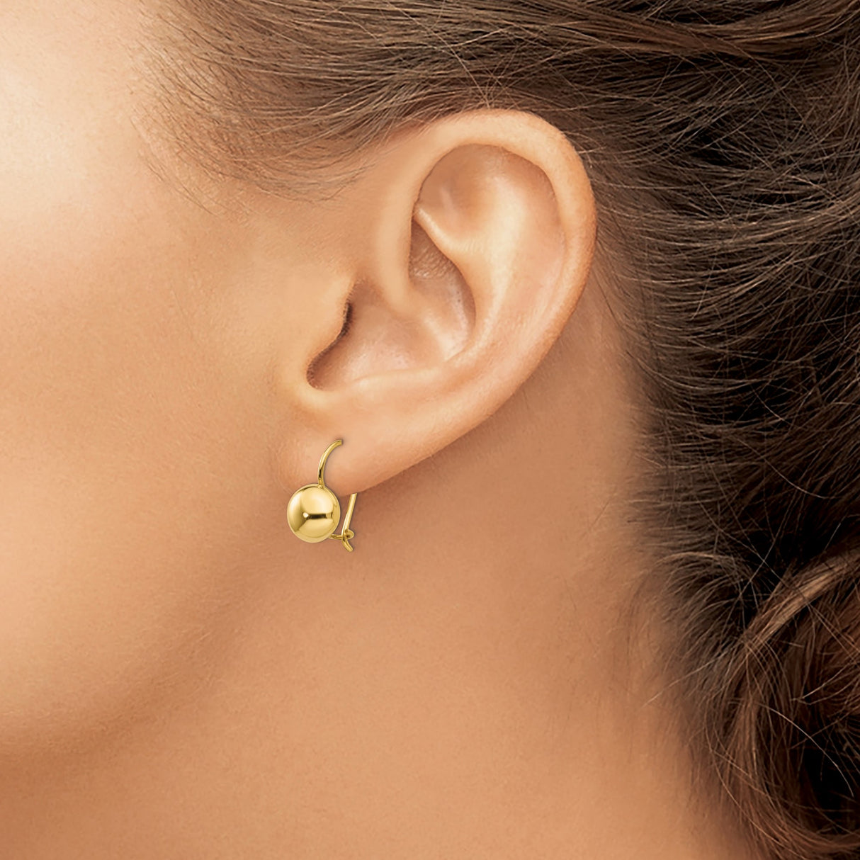 14k Yellow Gold Leverback Dome Earrings, Polished Round Button Style, Lightweight Comfort Fit