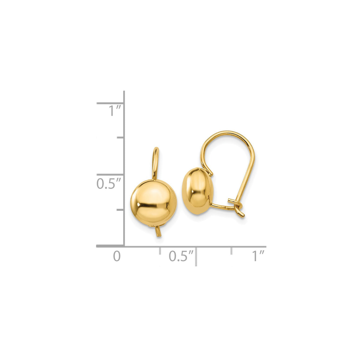 14k Yellow Gold Leverback Dome Earrings, Polished Round Button Style, Lightweight Comfort Fit