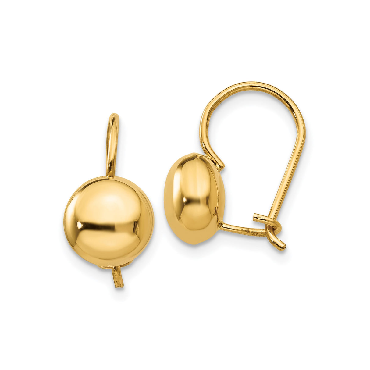 14k Yellow Gold Leverback Dome Earrings, Polished Round Button Style, Lightweight Comfort Fit