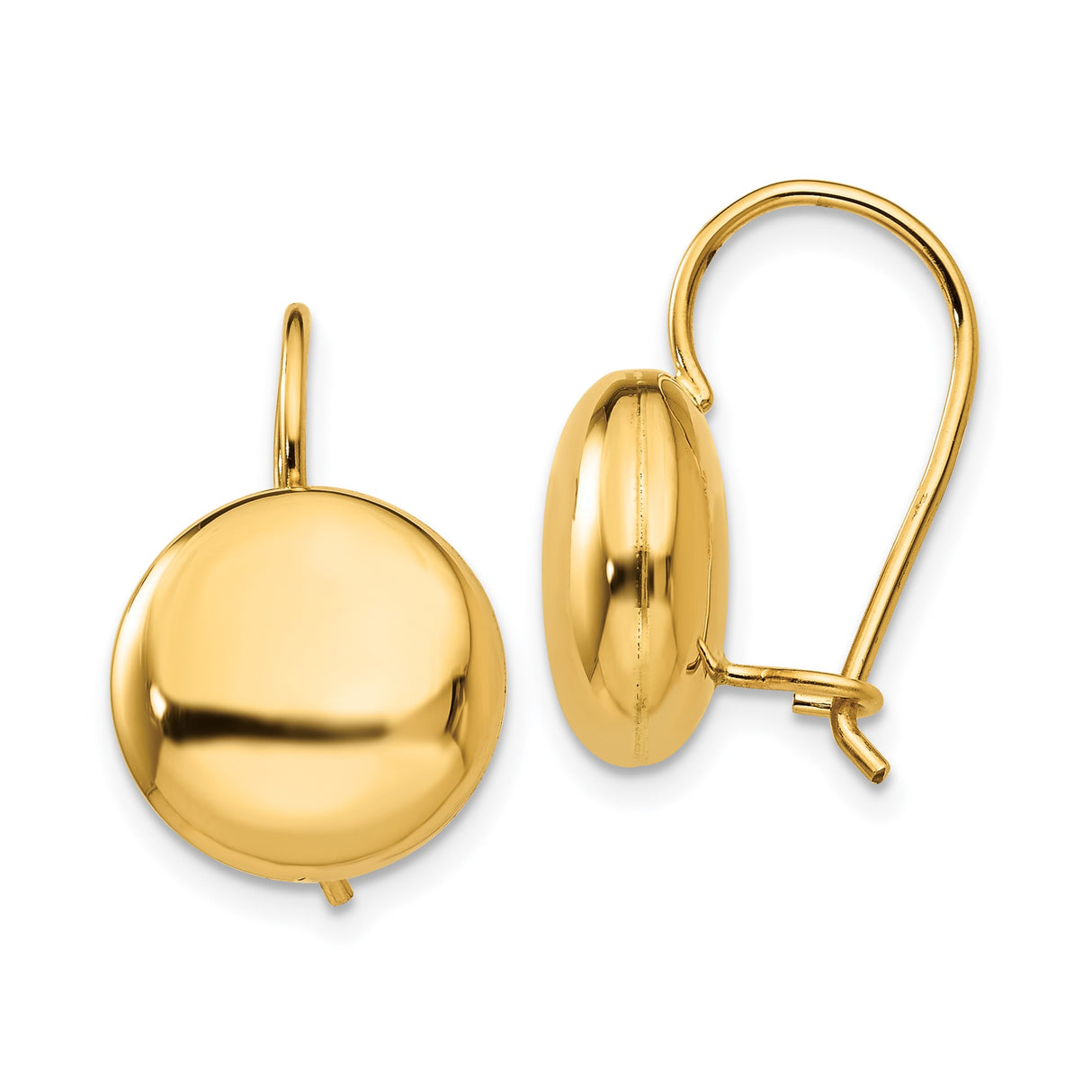 14k Yellow Gold Leverback Earrings, Dome Style with Smooth Polished Finish