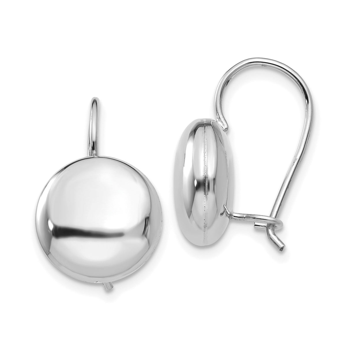 14k White Gold Domed Leverback Earrings, Classic Round Drop Design, Polished Finish