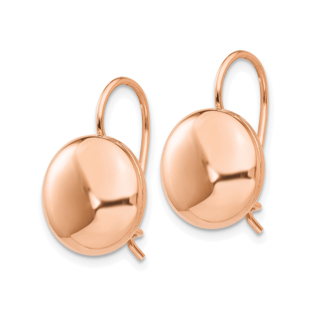 14k Rose Gold Leverback Earrings, Domed Drop Design, Polished Button Style, Lightweight Jewelry