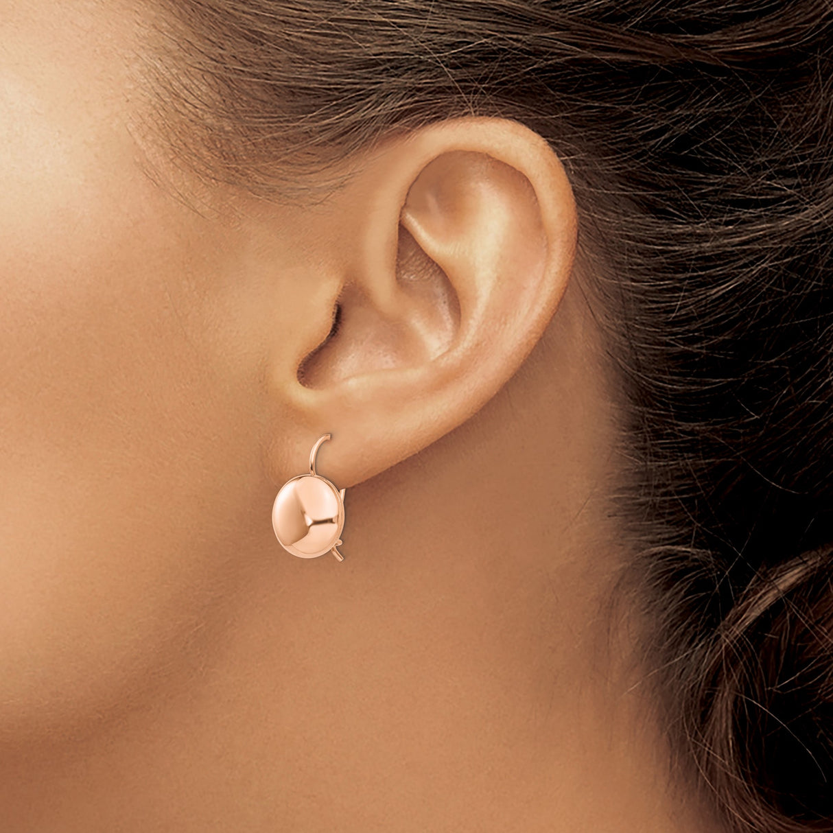 14k Rose Gold Leverback Earrings, Domed Drop Design, Polished Button Style, Lightweight Jewelry