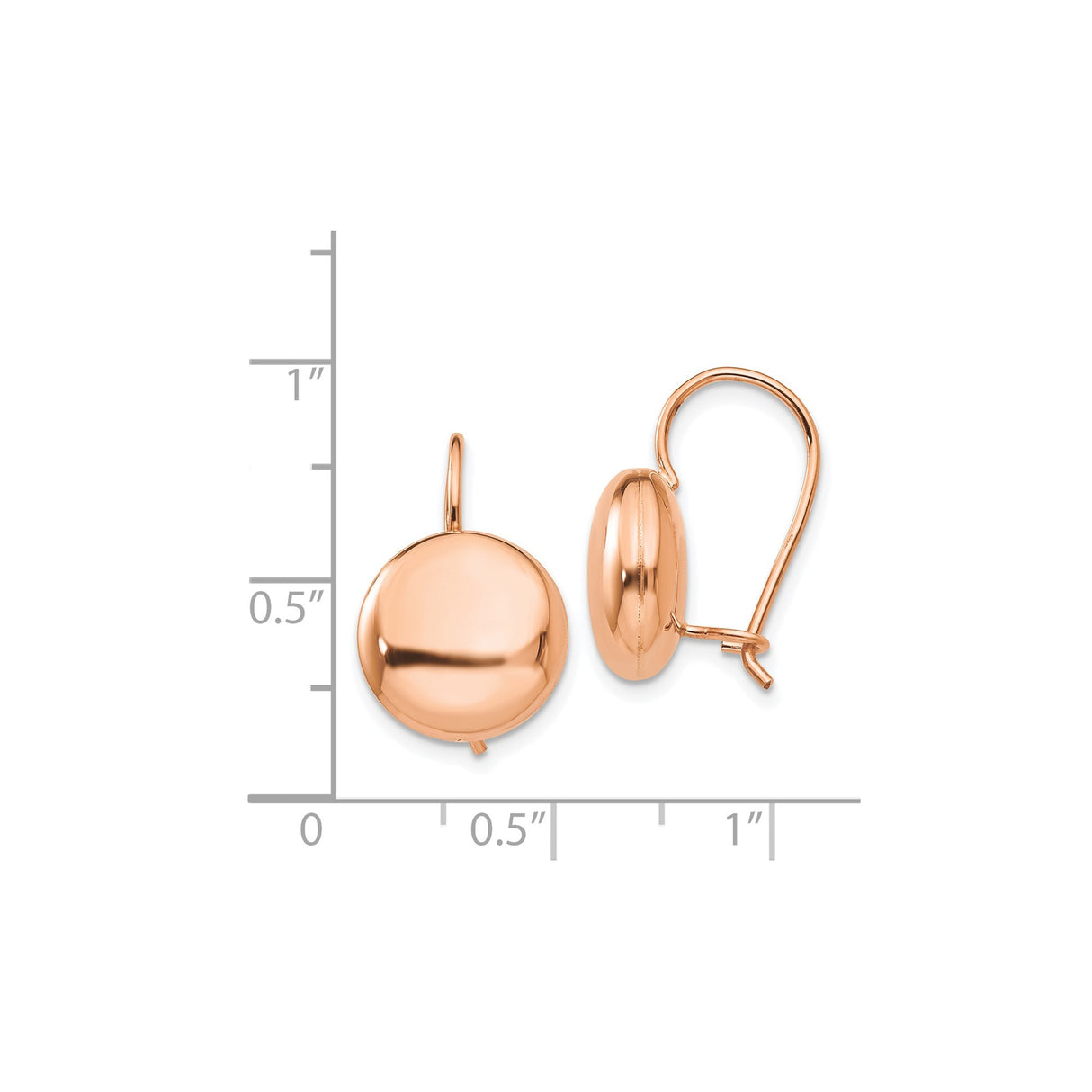 14k Rose Gold Leverback Earrings, Domed Drop Design, Polished Button Style, Lightweight Jewelry