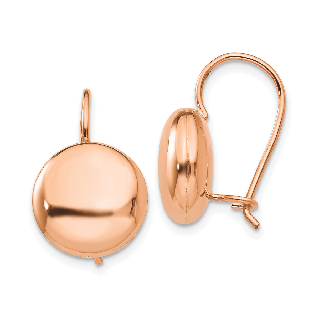 14k Rose Gold Leverback Earrings, Domed Drop Design, Polished Button Style, Lightweight Jewelry