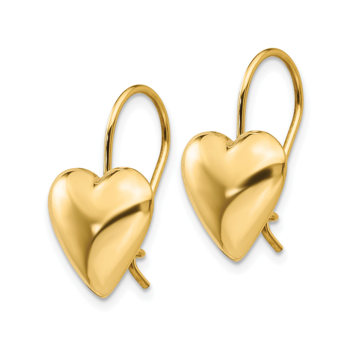 14k Yellow Gold Heart Drop Earrings with Polished Puffed Heart Design for Women