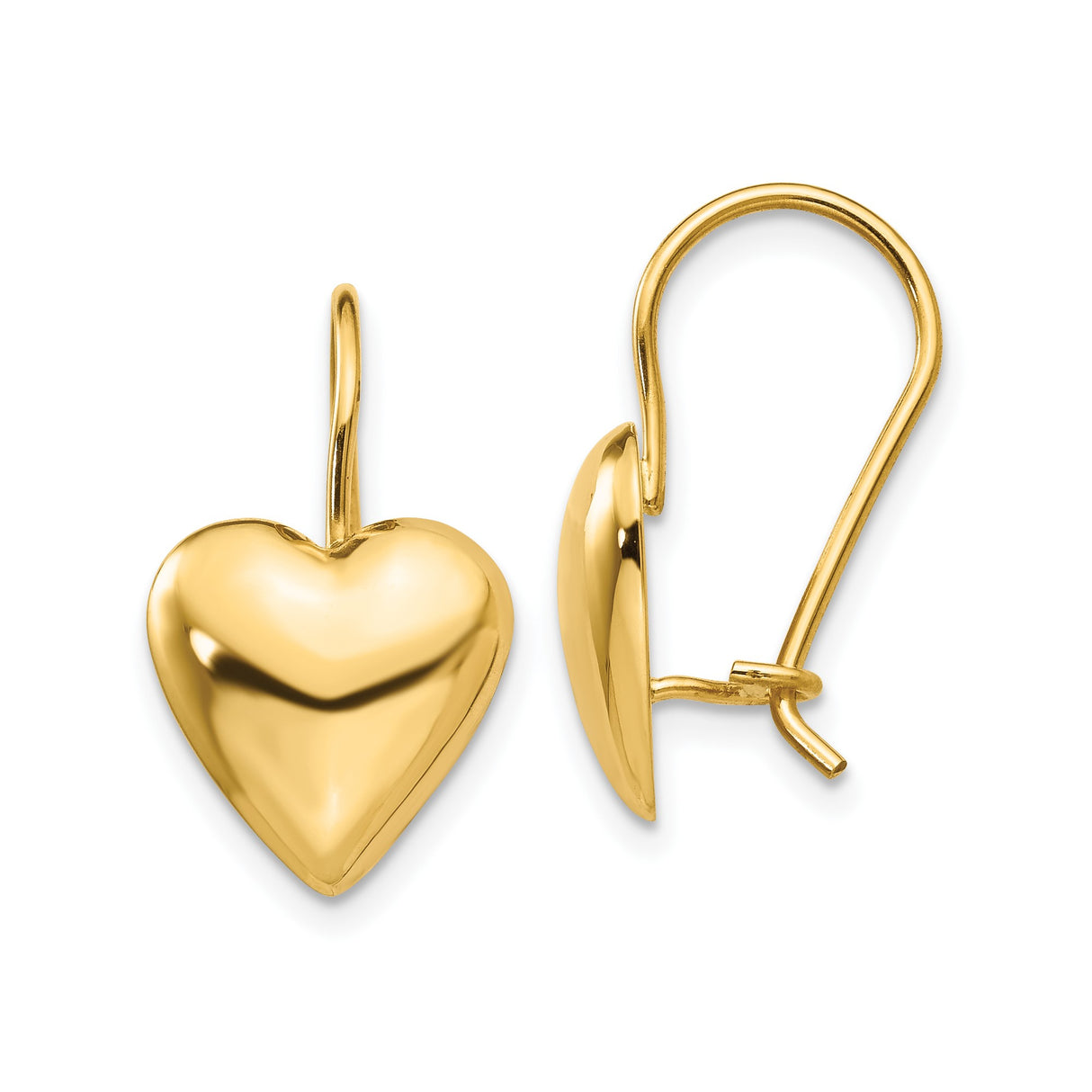 14k Yellow Gold Heart Drop Earrings with Polished Puffed Heart Design for Women